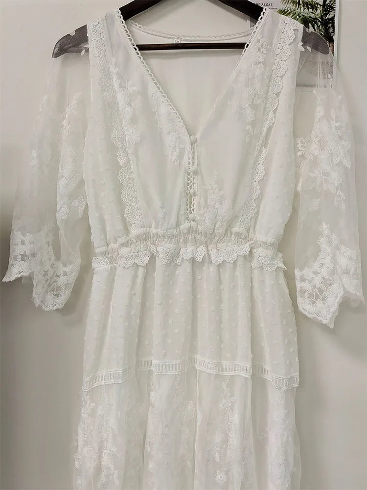 Hollow-Out Lace Long Dress