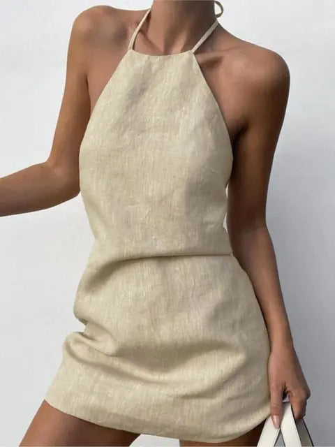 Cotton-Linen Backless Halter Mini Dress