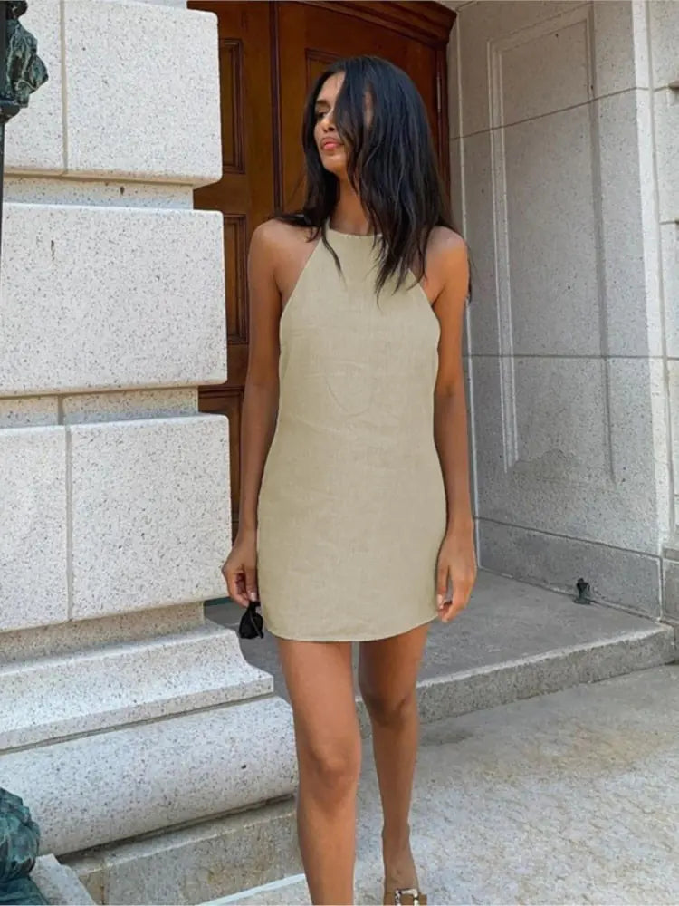 Cotton-Linen Backless Halter Mini Dress