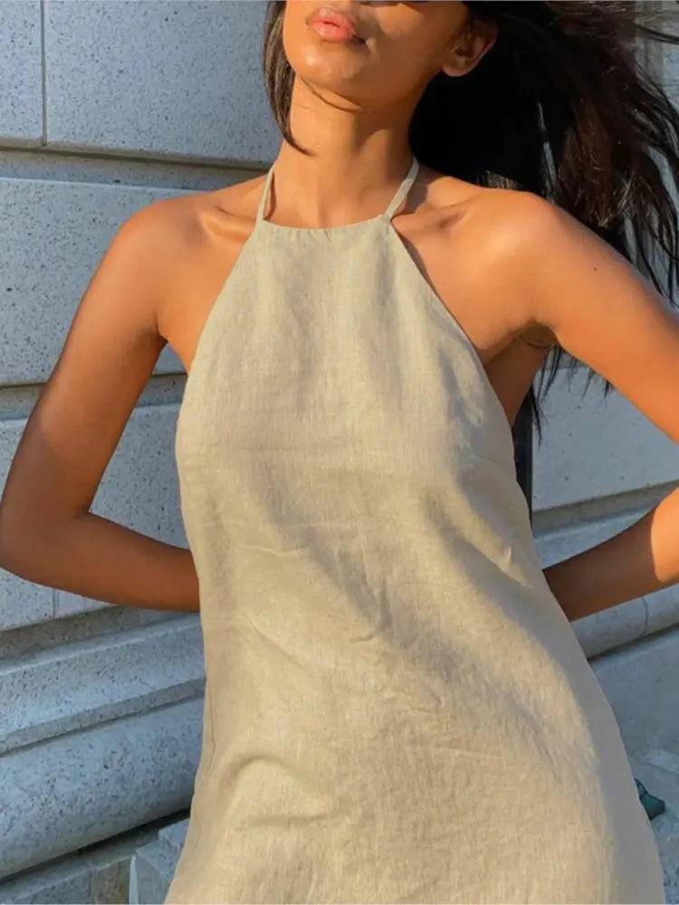 Cotton-Linen Backless Halter Mini Dress