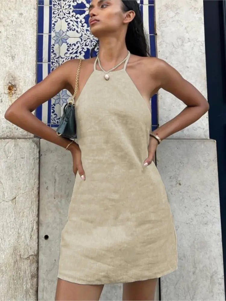 Cotton-Linen Backless Halter Mini Dress