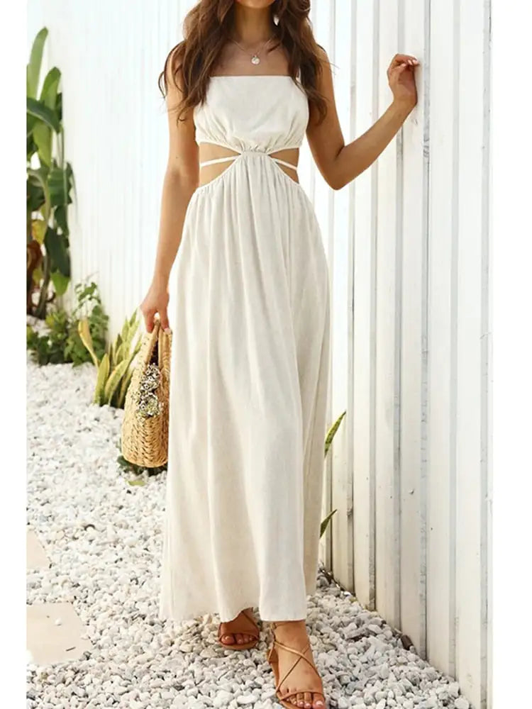 Lace-Up Waist Cotton-Linen Sling Dress