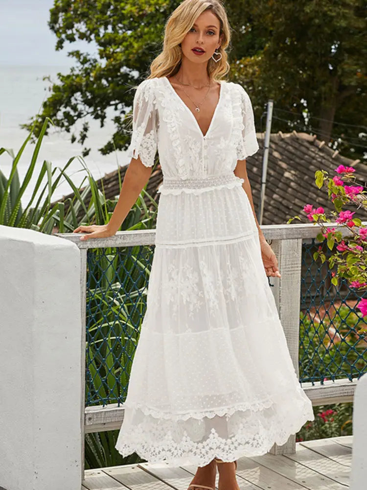 Hollow-Out Lace Long Dress