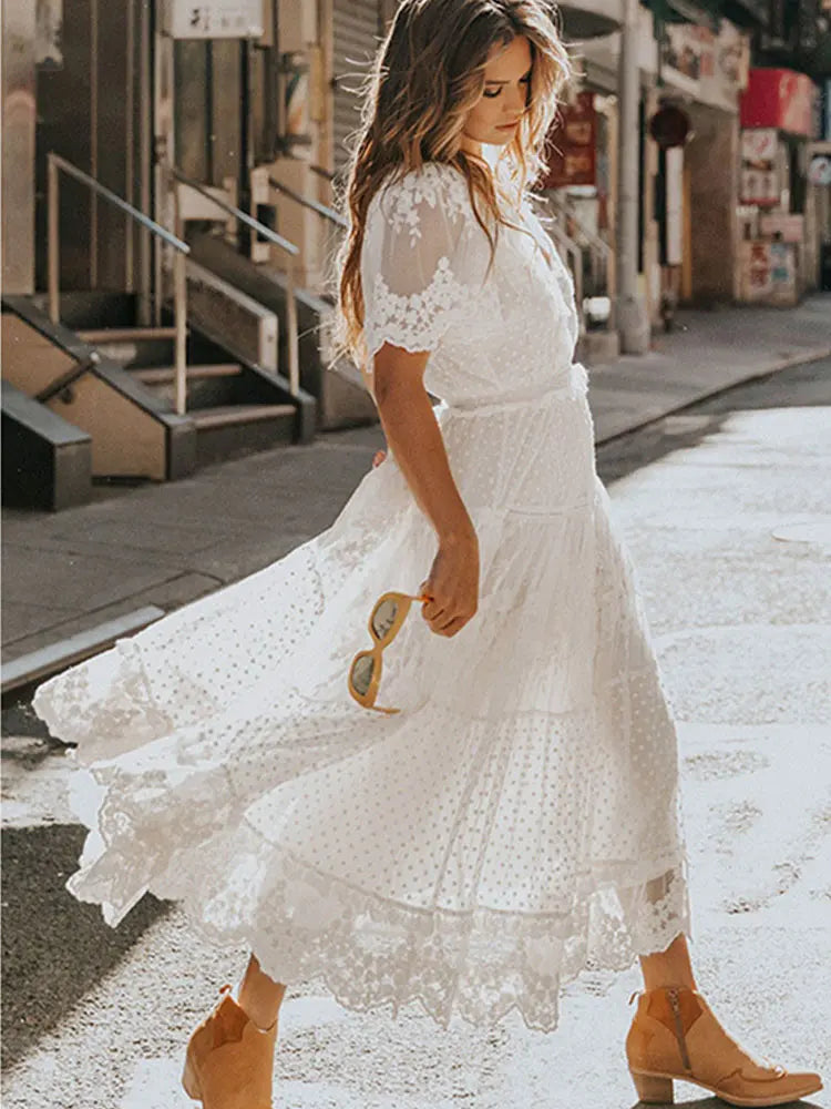 Hollow-Out Lace Long Dress