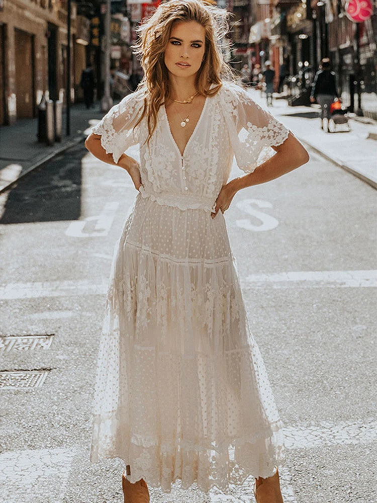 Hollow-Out Lace Long Dress