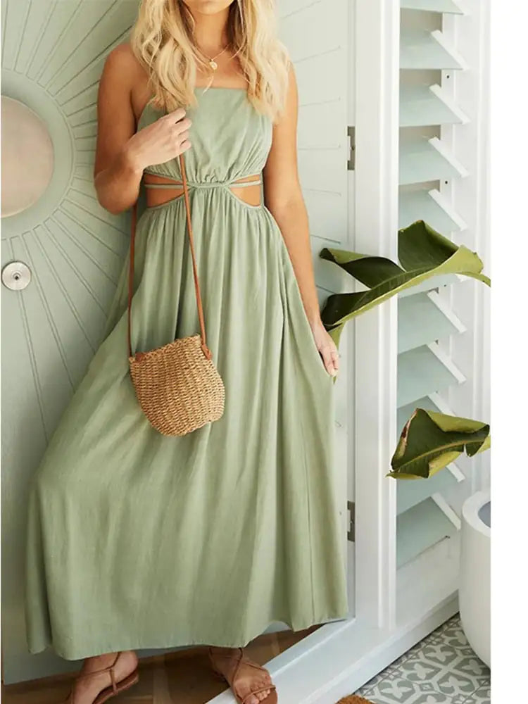 Lace-Up Waist Cotton-Linen Sling Dress